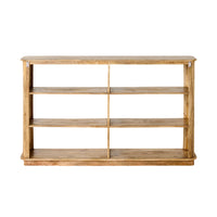 The Brompton Bookcase Low is a wooden bookshelf with three shelves, an open back, a natural finish, and a simple rectangular design.