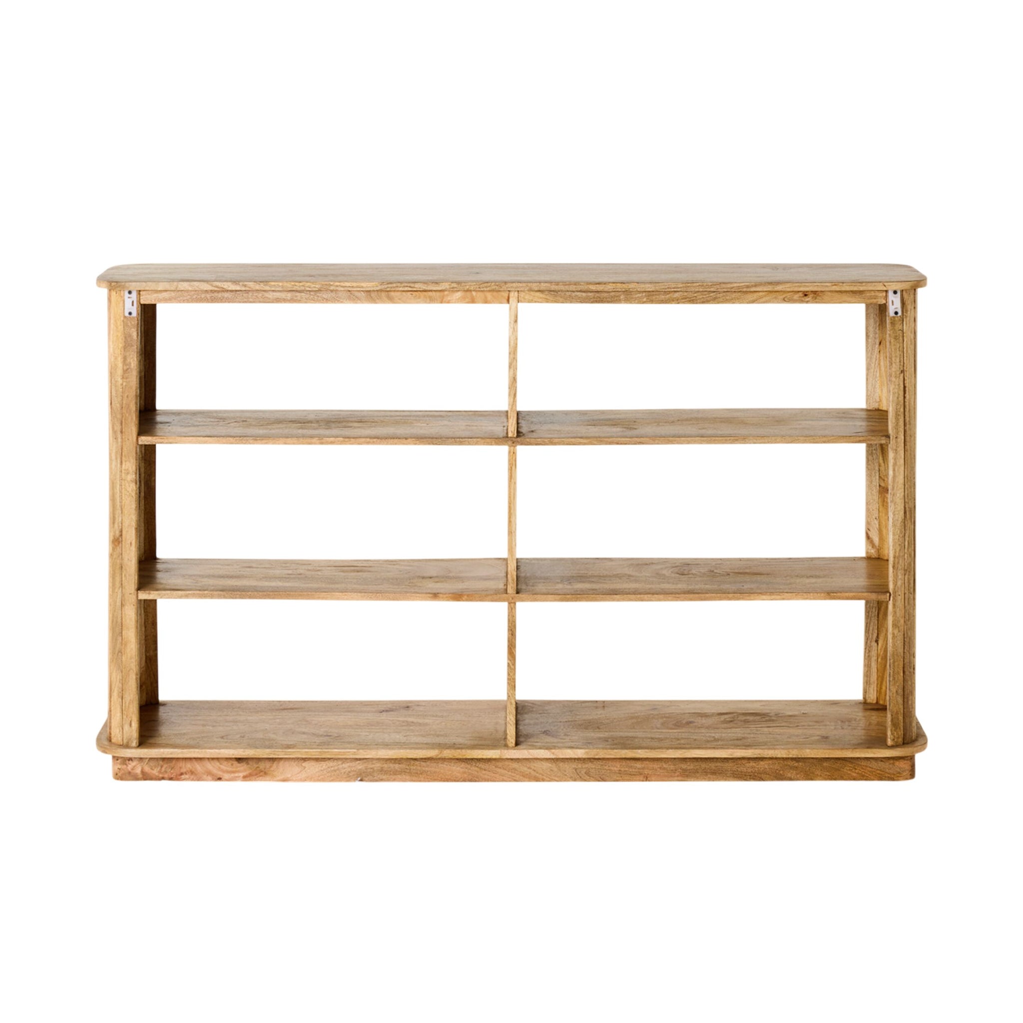 The Brompton Bookcase Low is a wooden bookshelf with three shelves, an open back, a natural finish, and a simple rectangular design.