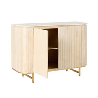 The Deva 2 Door Buffet, sizing at 114 x 80 x 43cm, showcases a whitewashed mango wood sideboard with vertical slats and gold legs. One of its doors reveals two interior shelves.