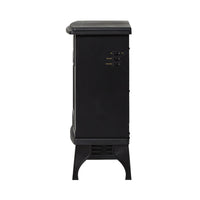 The Bromley Electric Fireplace (41x25.5x56.5cm) in black, shown from the side, features control switches, overheat protection, and stands on four short legs against a white background with Coastal Country Elegance.