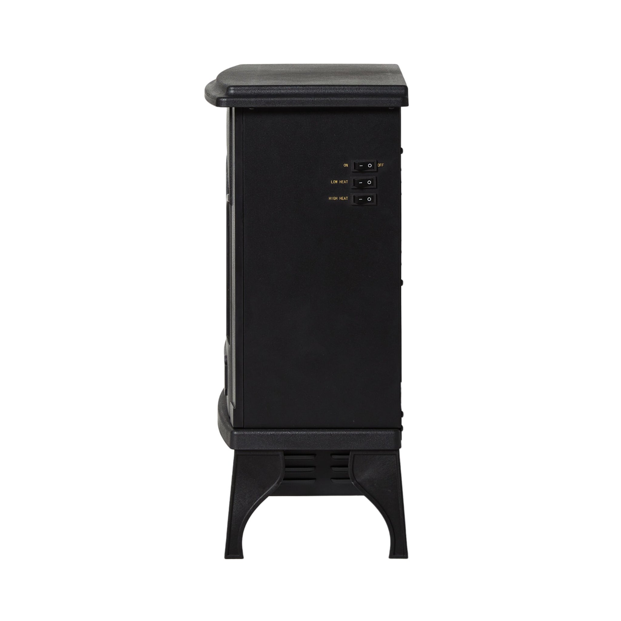 The Bromley Electric Fireplace (41x25.5x56.5cm) in black, shown from the side, features control switches, overheat protection, and stands on four short legs against a white background with Coastal Country Elegance.