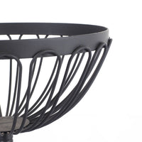 Close-up of a Black 2 Tier Fruit Basket, featuring an open, curved black metal wire design with a polished antique finish, partially visible against a white background. Dimensions: 30x43x30cm.