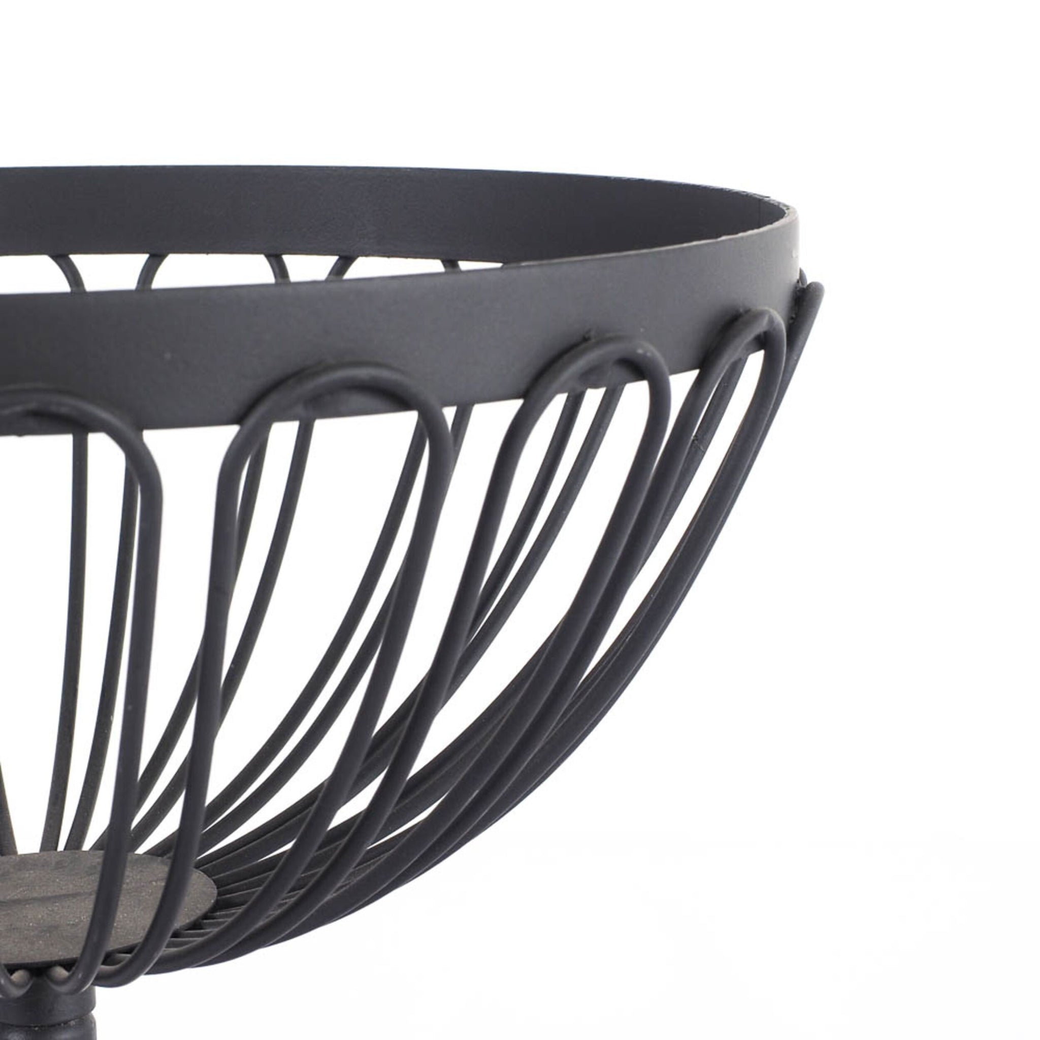 Close-up of a Black 2 Tier Fruit Basket, featuring an open, curved black metal wire design with a polished antique finish, partially visible against a white background. Dimensions: 30x43x30cm.