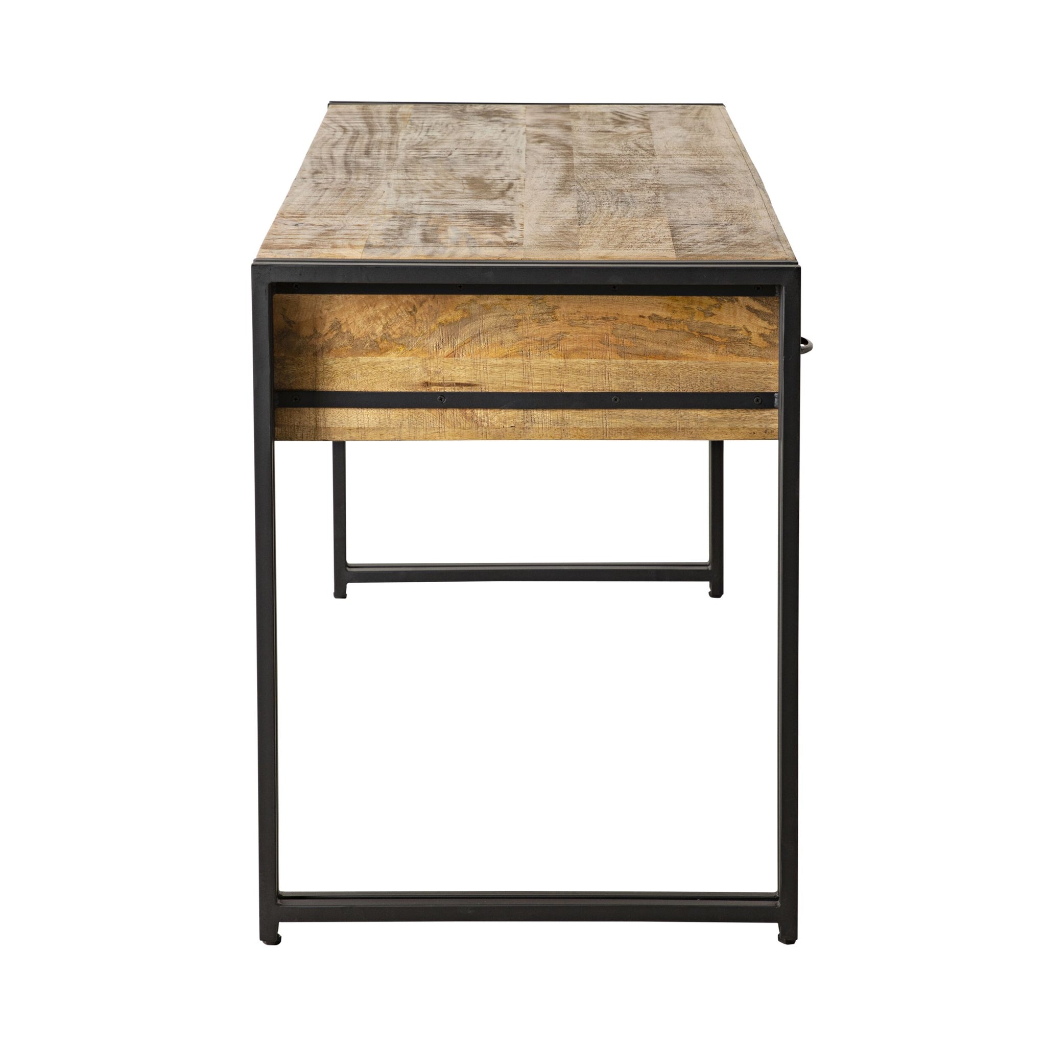 The Fulham 2 Drawer Desk features a rectangular mango wood top, black steel frame, and minimalist design with two drawers for a contemporary look, shown in a side view against a white background.