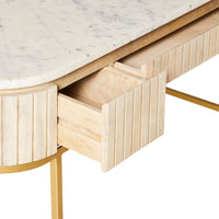 A close-up of the Deva Large Desk 150 x 79 x 61cm highlights its marble top, mango wood finish, open drawer, and gold metal legs.