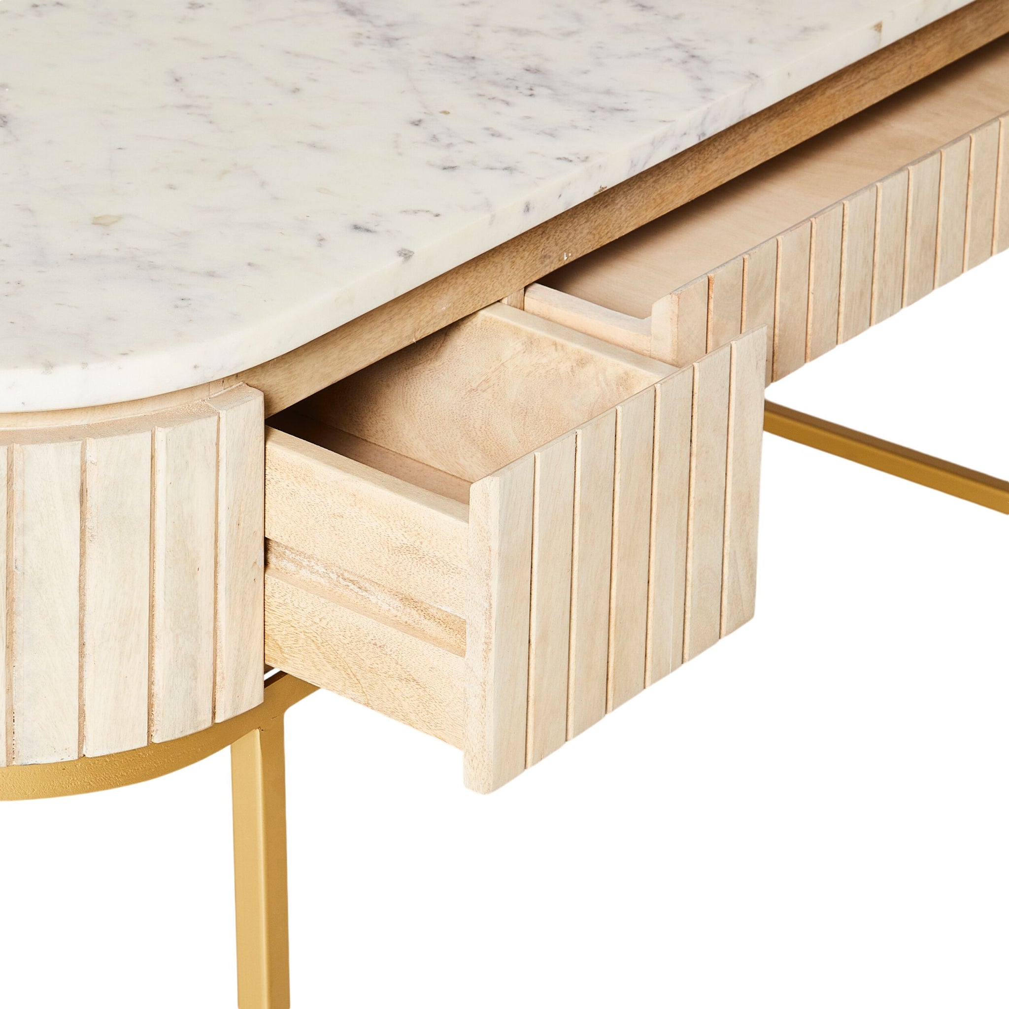 A close-up of the Deva Large Desk 150 x 79 x 61cm highlights its marble top, mango wood finish, open drawer, and gold metal legs.