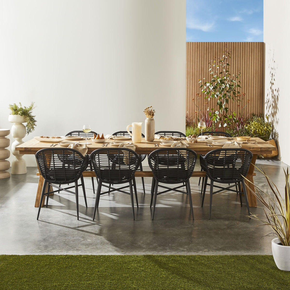 Reclaimed Teak Dining Table 320cm with 8 Black Wicker Deck Chairs
