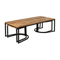 The Hartford 3 Piece Nesting Timber Coffee Table Set showcases a rectangular mango wood top supported by a sturdy metal frame with an industrial design, enhanced by its elegantly curved base.