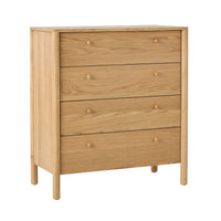 The Spintara 4 Drawer Chest Light Oak features a minimalist design with round knobs and four legs, making it an ideal piece of oak bedroom furniture against a white background.