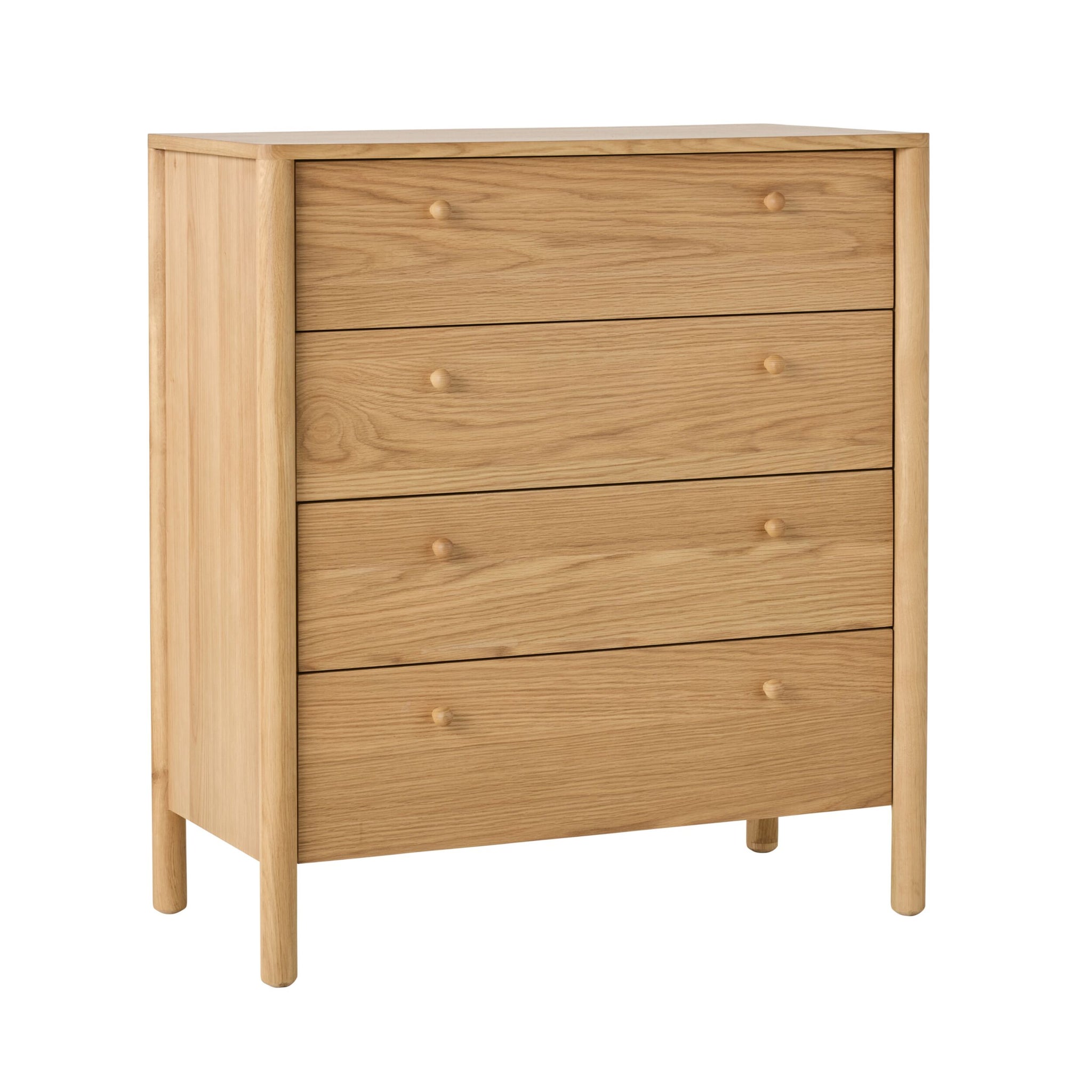 The Spintara 4 Drawer Chest Light Oak features a minimalist design with round knobs and four legs, making it an ideal piece of oak bedroom furniture against a white background.