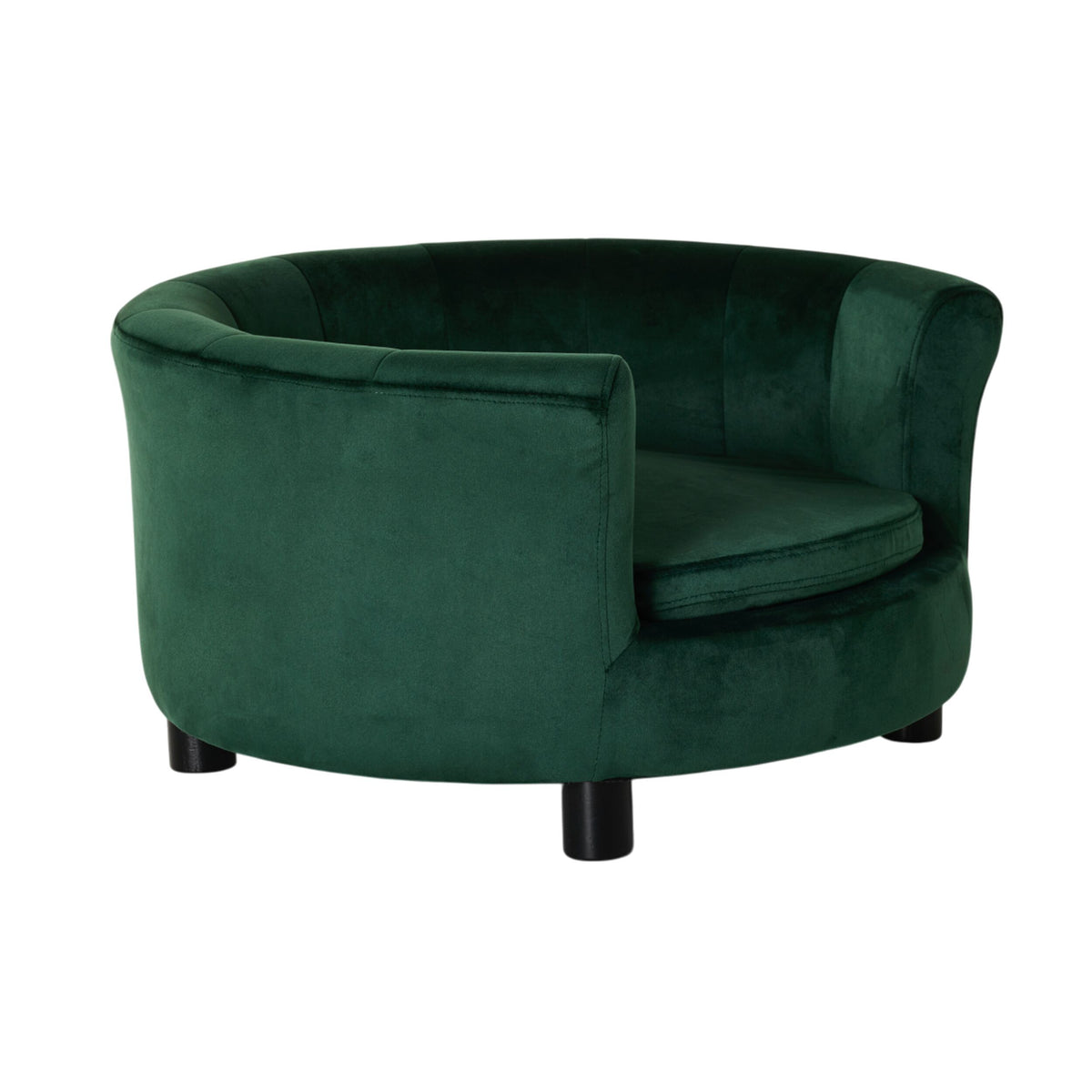 The Vivienne Velvet Pet Bed in Forest features a round, modern design with plush padding and short black cylindrical legs, plus an open front and wraparound backrest for elevated pet comfort. Size: 65x65x36cm.