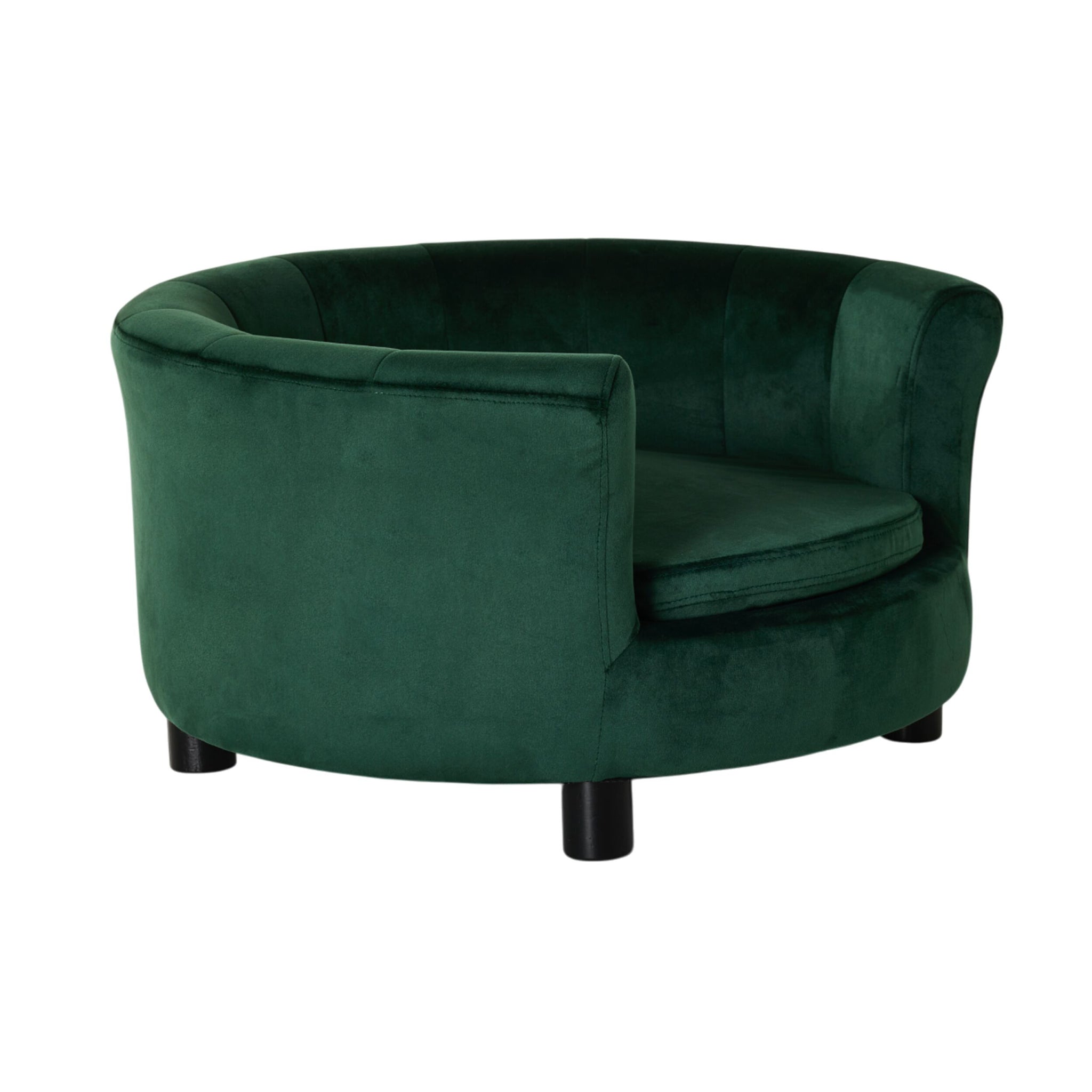 The Vivienne Velvet Pet Bed in Forest features a round, modern design with plush padding and short black cylindrical legs, plus an open front and wraparound backrest for elevated pet comfort. Size: 65x65x36cm.