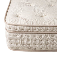 Close-up of an Annie Premium Mattress Double corner, showcasing textured beige fabric, button tufting, and branded text, emphasizing its memory foam and 5-zone pocket spring system for ultimate comfort.