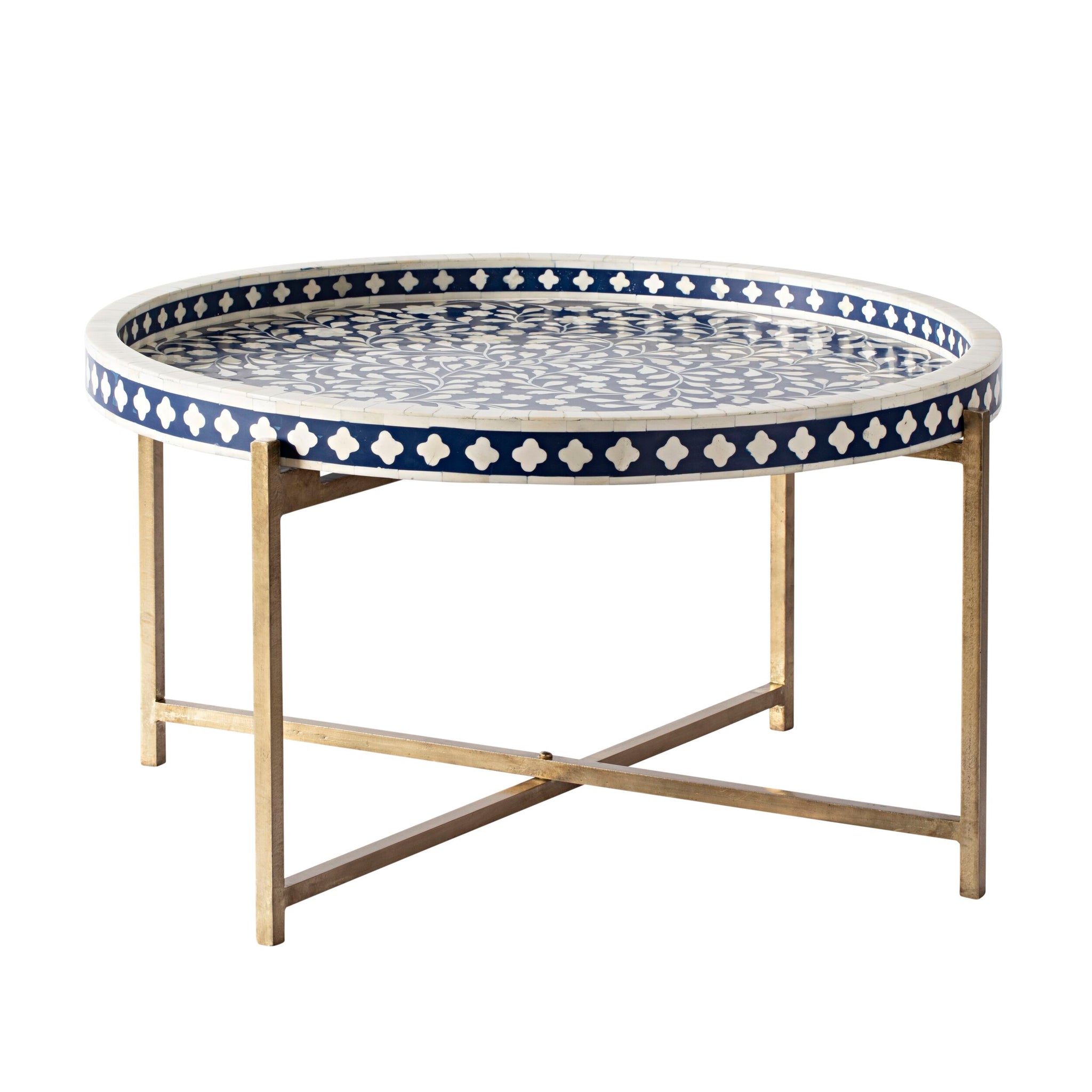 Bone Inlay Round Coffee Table Blue with Gold Frame 75cm