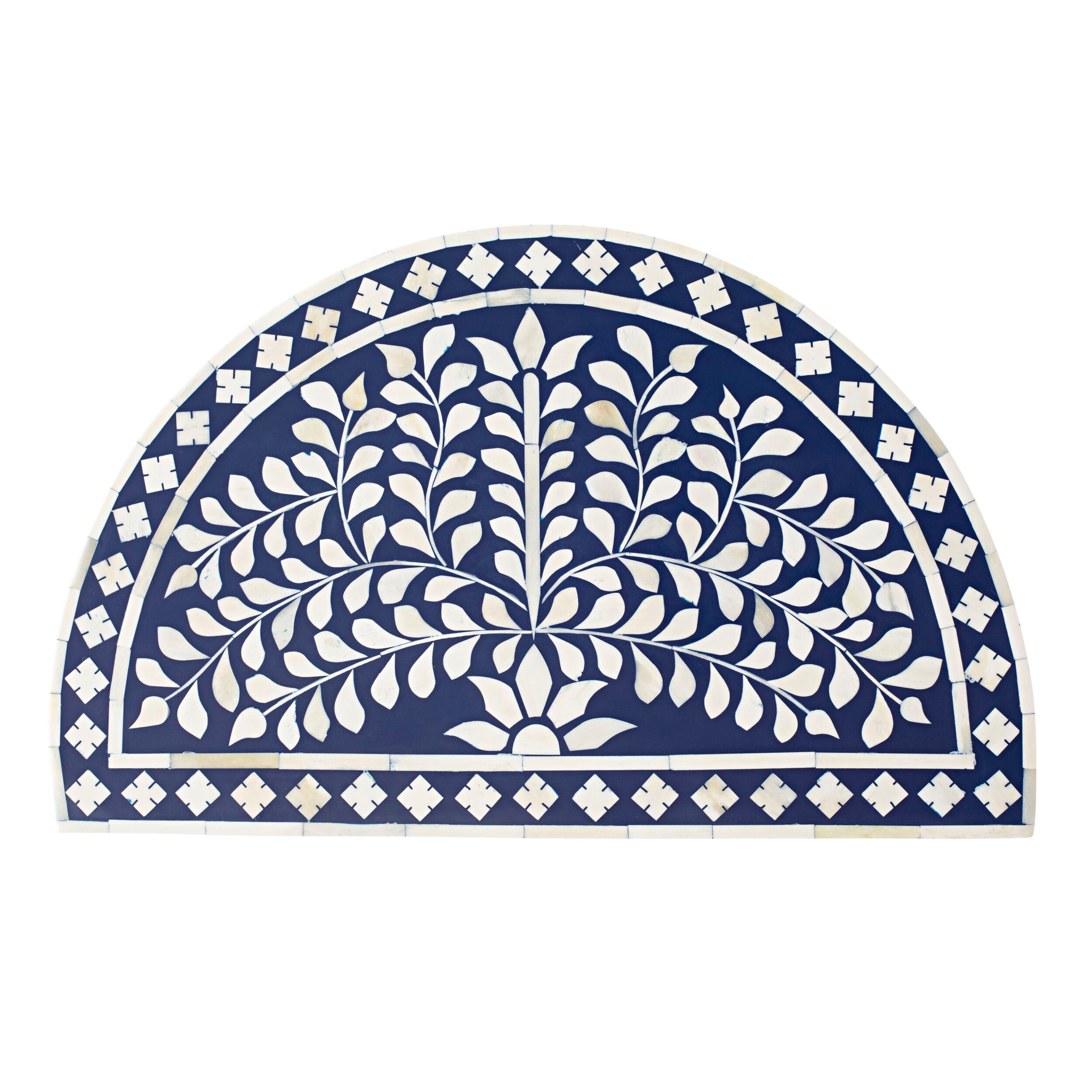 Bone Inlay Half Moon Side Table Blue with Gold Frame 53cm