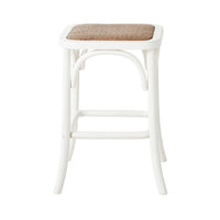 The Bastion Backless Bar Stool White features curved elm wood legs and a woven rattan seat, shown against a plain white background.