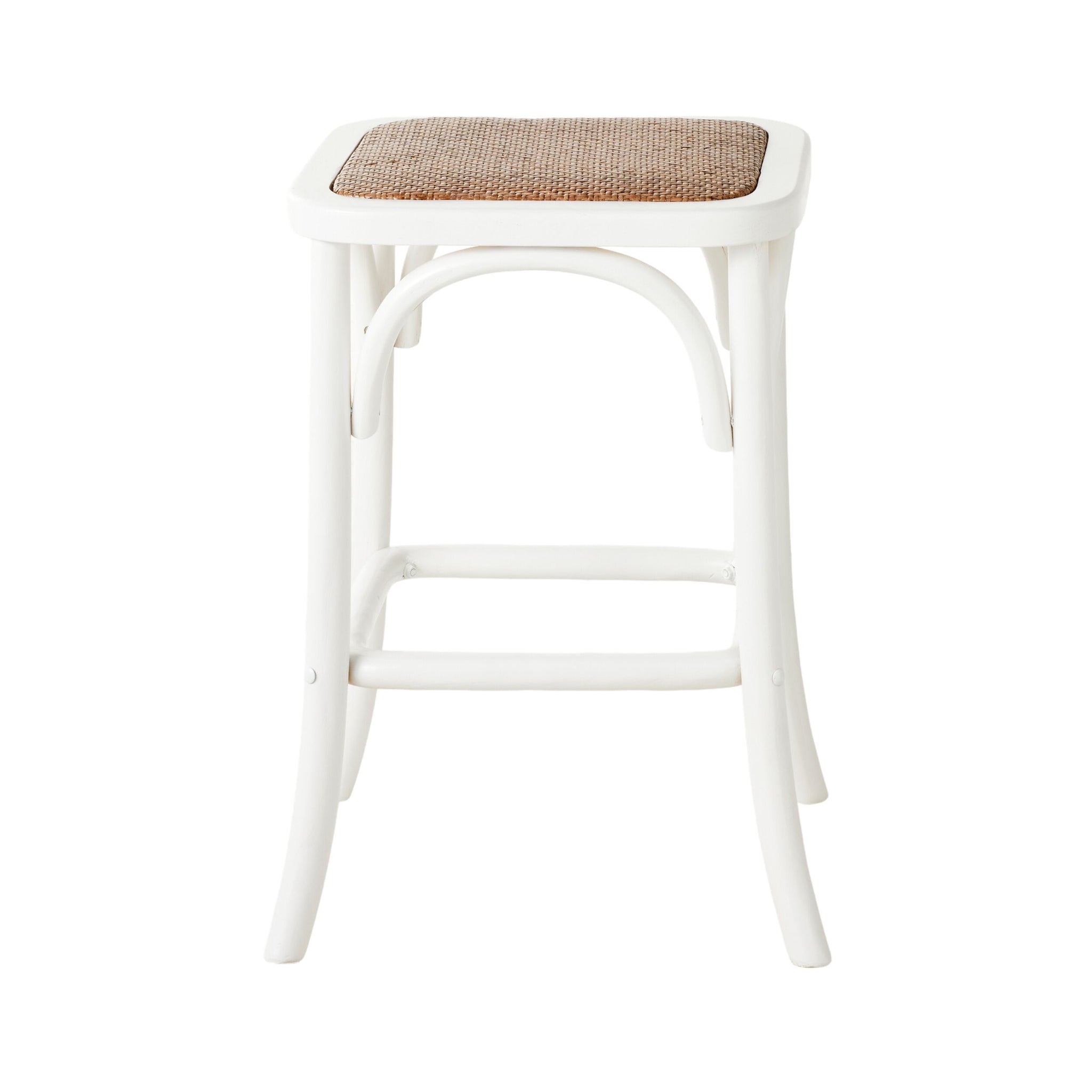 The Bastion Backless Bar Stool White features curved elm wood legs and a woven rattan seat, shown against a plain white background.